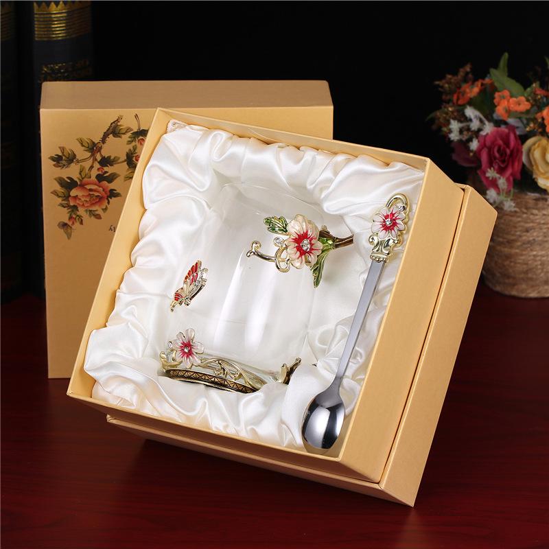 Heat-Resistant Enamel Flower Tea Cup, Creative Painted Crystal Glass Coffee Cup with Handle