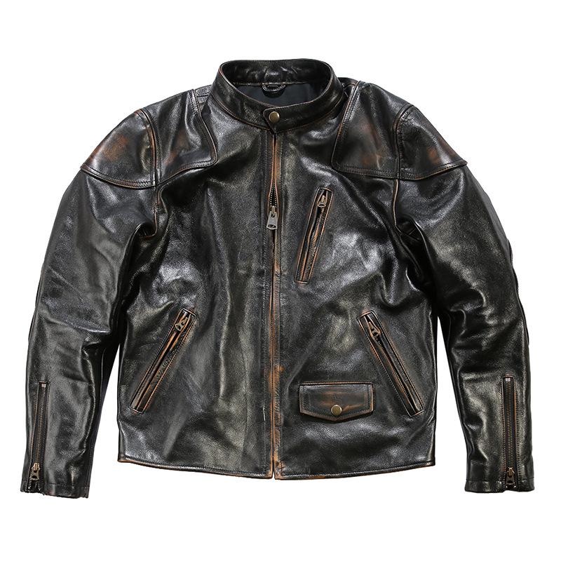 Chaqueta de moto de cuero caqui para hombre - Estilo Venom, cuello alto, piel de vaca