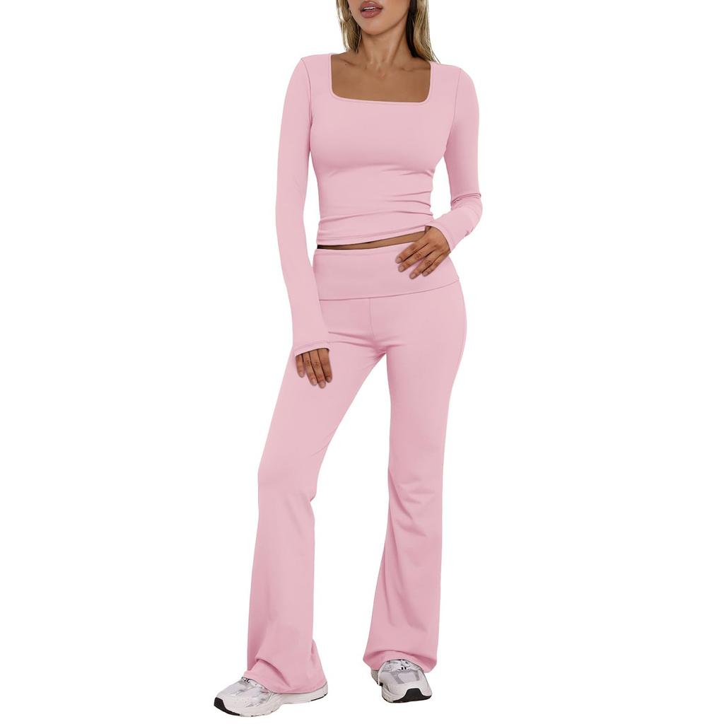 Damen Sommer Zweiteiliges Outfit Oberteil Lange Hose Sets Lässiger Trainingsanzug Langarm Shorts Anzug