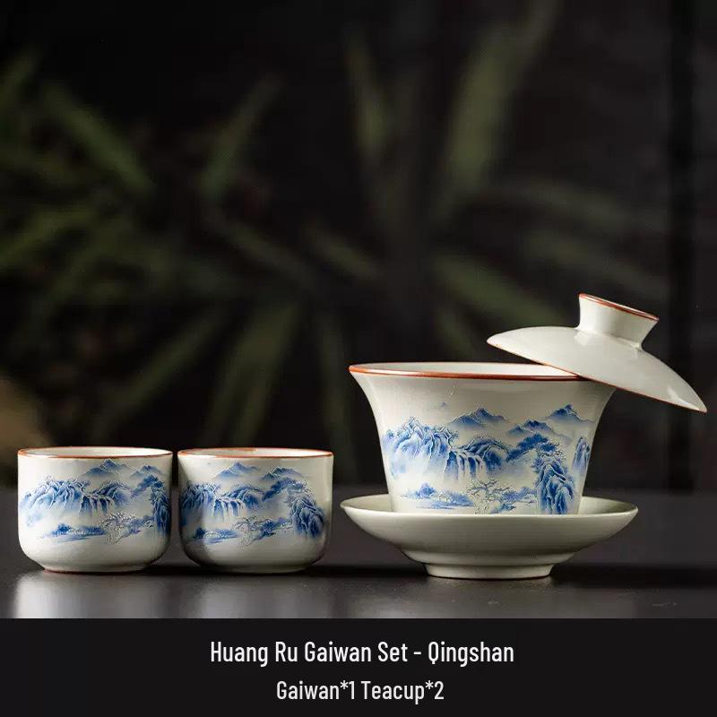 Premium Ru Ware Gongfu Tea Set with Cultivable Crackle Gaiwan and Offering Bowl