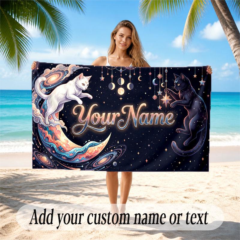 Cat Theme Soft Beach Towel Personalized Custom Name Text Towel Portable for Beach Pool Travel