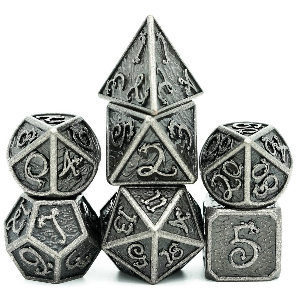 Cusdie Dragon Font DND Dice Metal, Auspicious Cloud, 7Pcs Polyhedral Dice Set, for D&D Role Playing Game Pathfinder Board Games
