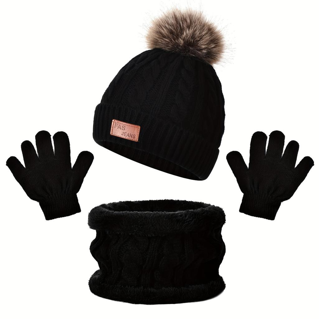 Spot European and American Children's Hats Scarf Gloves Three-piece Set Autumn and Winter Solid Color Hairball Knitted Hat Baby Hat