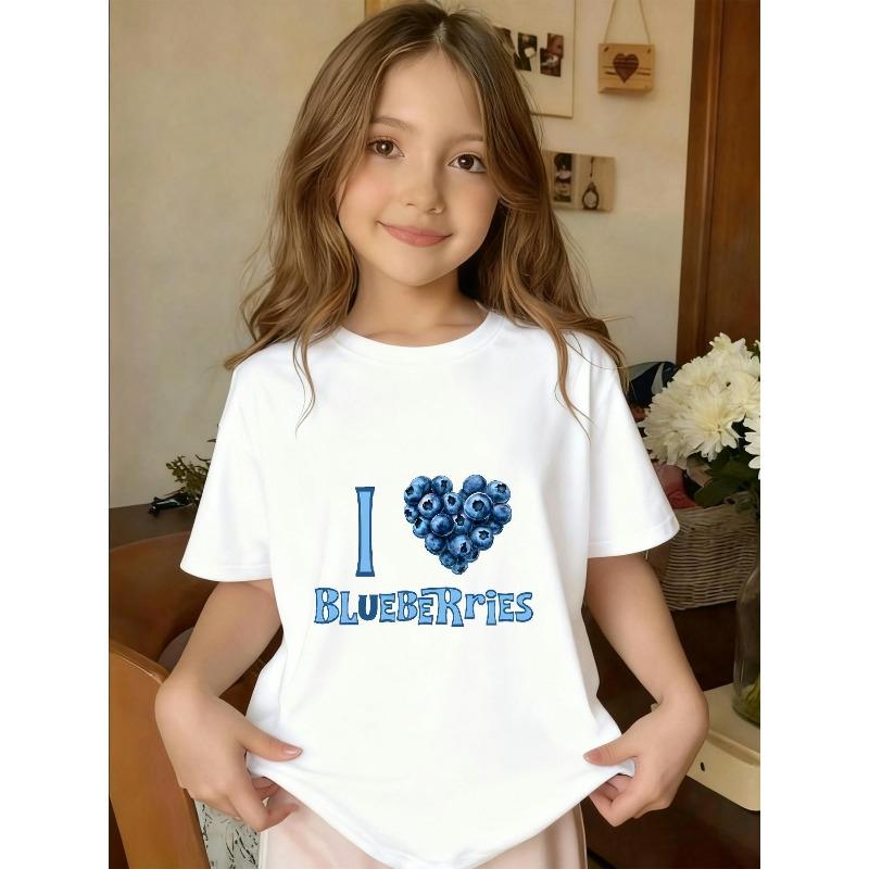 Girls Crewneck T-Shirt, I Love Blueberries Cute Blueberry Print 110 белый