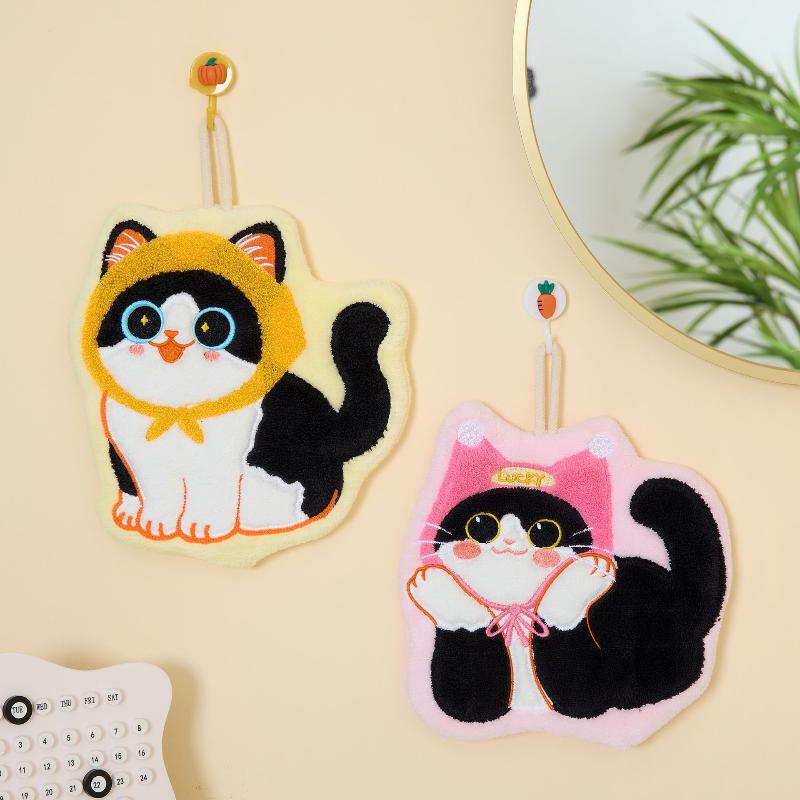 Cartoon Coral Velvet Hand Towel For Kitchen Kawaii Cat Hand Wipe Cleaning Cloth Bathroom Hanging Towel Absorbent Clean Rag