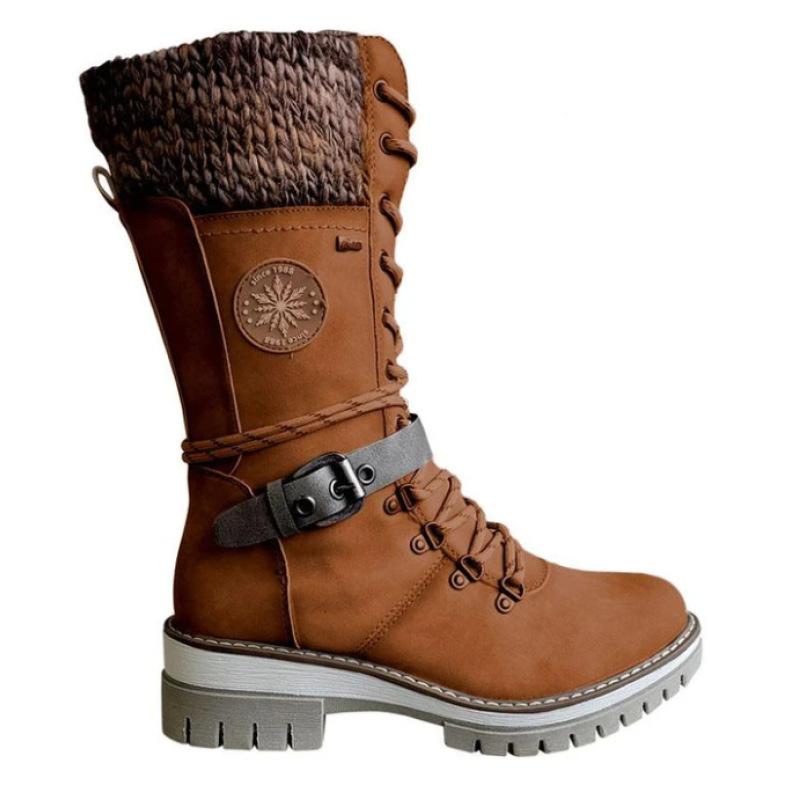 Women's Solid Color Trendy Boots, Side Zipper Buckle With Knit Side Boots, Non-Slip Mid Calf Winter Boots
