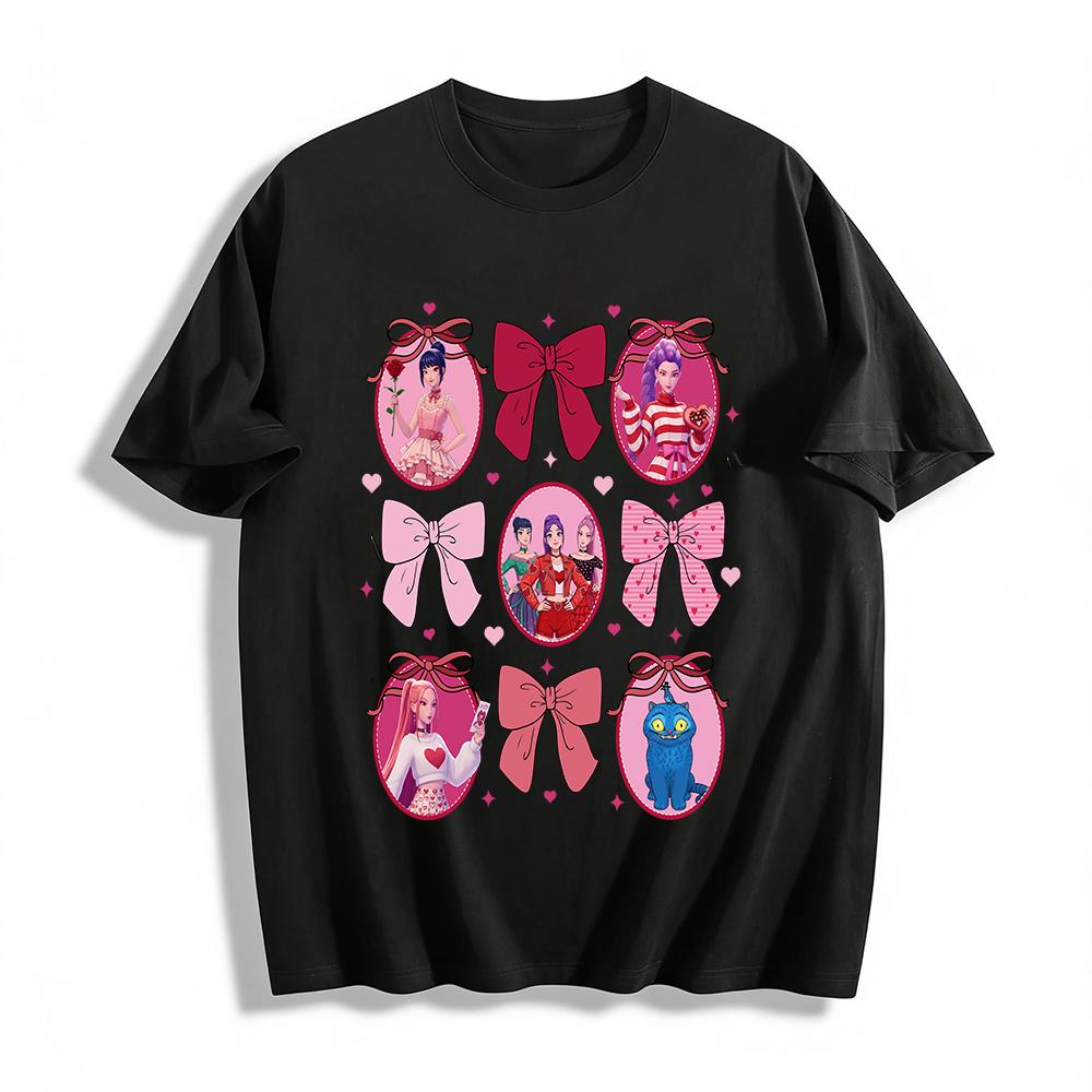 

Sweet Girl Group Love Theme Print Top Bow Cartoon Character Loose Casual T-Shirt Pure cotton T-shirt XXS