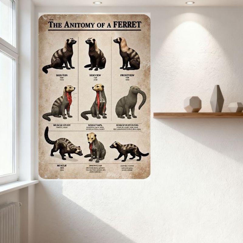The Anatomy of a Ferret Vintage Educational Metal Tin Sign, Ferret Skeleton Muscle Organs Study Illustration Wall Decor for Home
