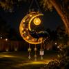 Whimsical Cat Sculpture for Garden Solar Halloween Hanging Moon Lamp with Ghost Star Charm, Black On Crescent Illuminated Outdoor Decor Home