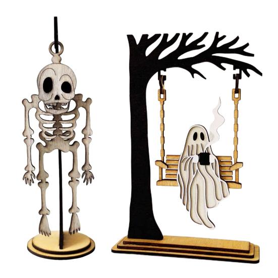 Halloween Swingy Skeleton Ornament Creepy Tree Swing Ghost Wooden Table Sign with Base Home Office Desktop Party Decoration