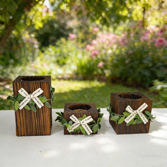 Wooden Tealight Candle Holder Rustic Wood Pillar Candle Stand with Bow Vintage Table Centerpiece for Fireplace Living Dining Room