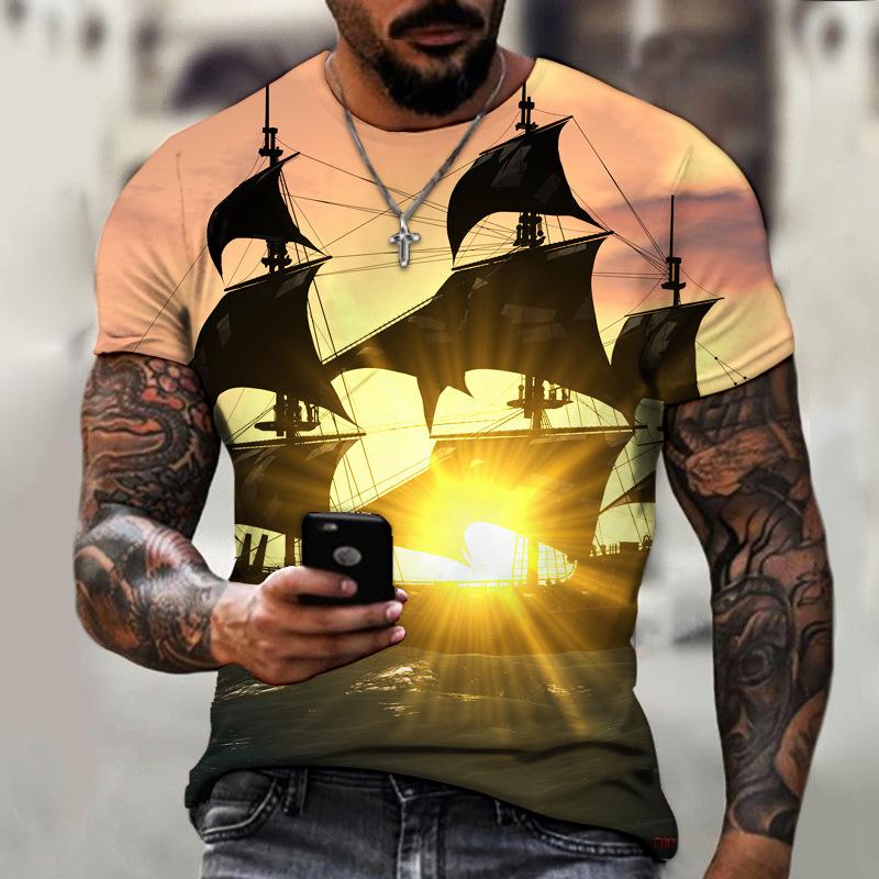 Vintage T-Shirts Men Spring Clothing Boat Graphic Apparel Streetwear Men's Clothing Casual Short Sleeve Tops For Male Shirt Tees