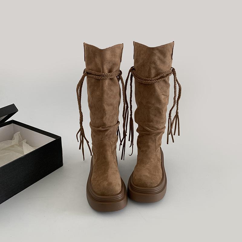 

Коричневые ретро-сапоги до колена с толстой подошвой женские новинка 2025 года весна-осень Майяра увеличивающие рост и тонкие рыцарские сапоги 40 коричневый