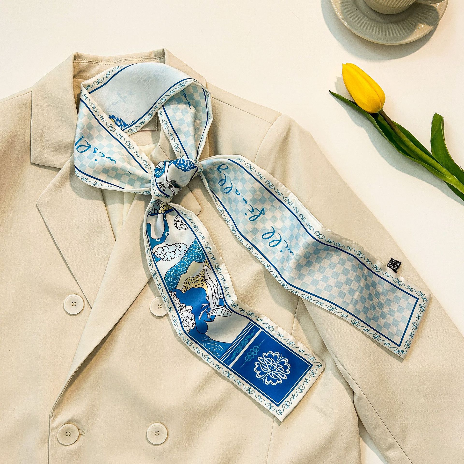 [Blue] Japanese simple temperament satin scarf double-layer small silk scarf literary tie bag headband ins style 6*110