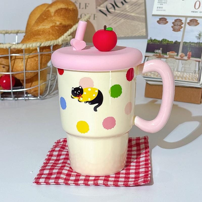 

Cute Cat Ceramic Cup for Girls with High Value Straw Cup Creative Mug with Lid Souvenir Water Cup Student Cup 400ML