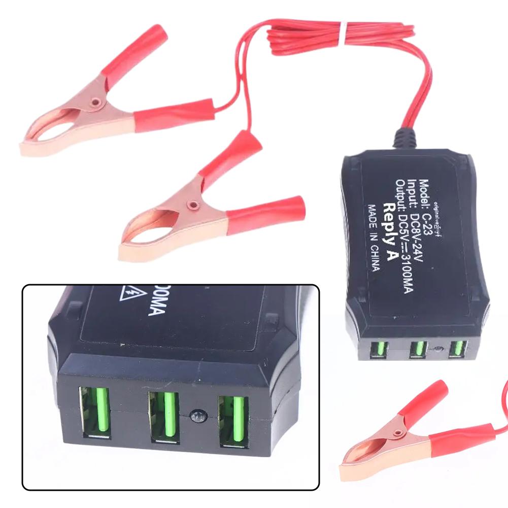 12V 24V To 5V 3USB Port Power Adapter With Battery Clip For Charging Cell Phone Emergency USB Power High Efficiency Tool