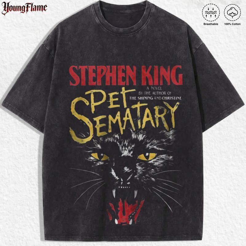 Creepy Black Cat Vintage Grunge Y2K Acid Wash Graphic T-shirt