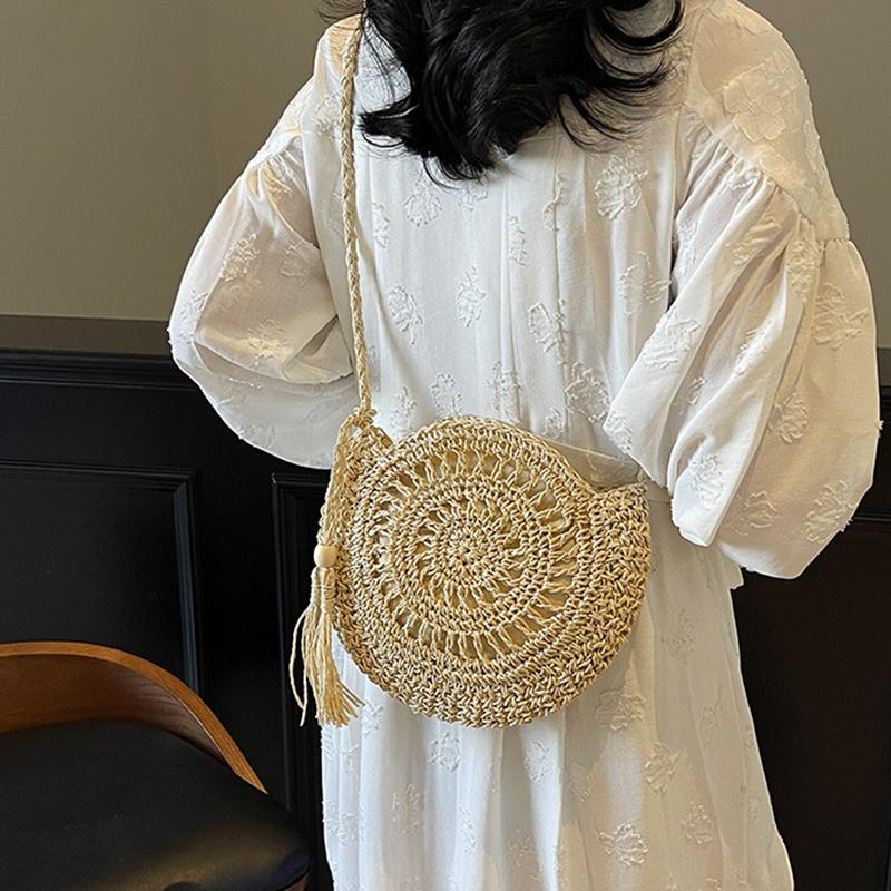 Women Hollow Straw Bag Circle Rattan Bag Round Soft Paper Rope Shoulder MessengerBag Tassel Summer Beach Handmade Crossbody Bags