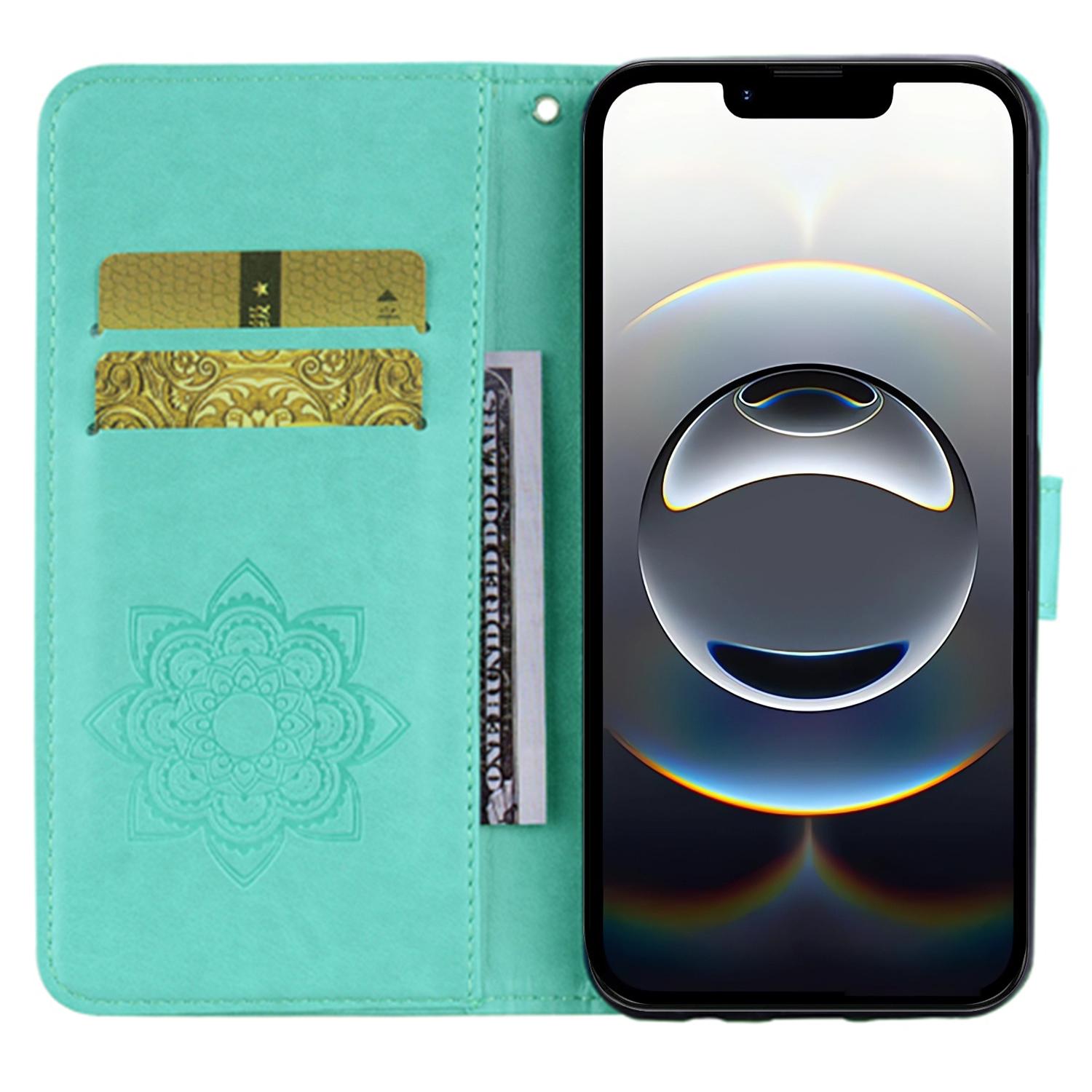 

For iPhone 16e Case Owl Flower Imprinted Leather Cover Wallet with Strap Gold