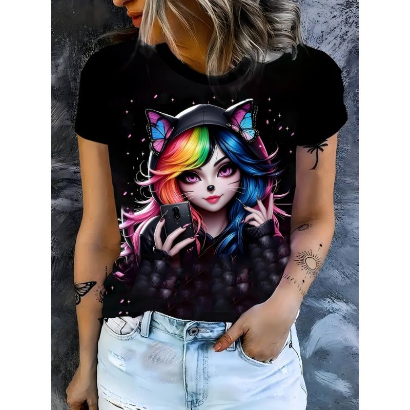 

2025 Fashion Black Anime 3D Print Women T-Shirts Summer Little Girl Graphic Crew Neck Short Sleeve Top Harajuku Woman Clothes XS