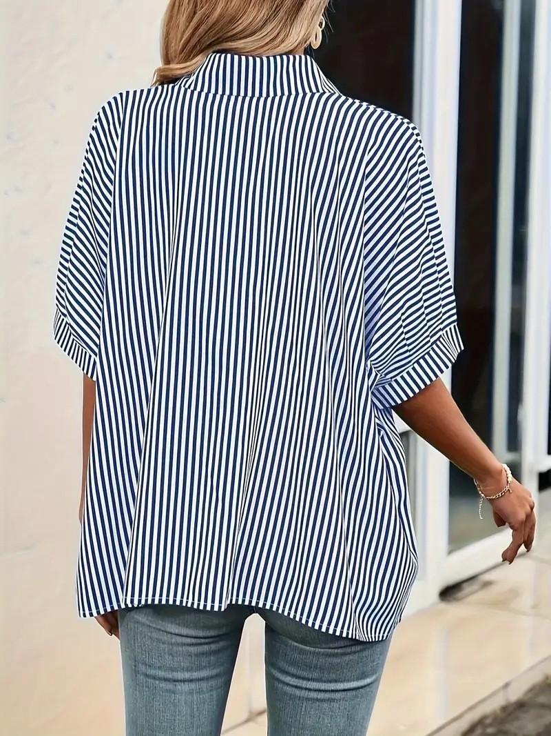 Women Summer Loose Fit Five Sleeve Striped Shirt Button Down Collar Casual Blouse Lightweight Breathable Top for Daily Wear XXL