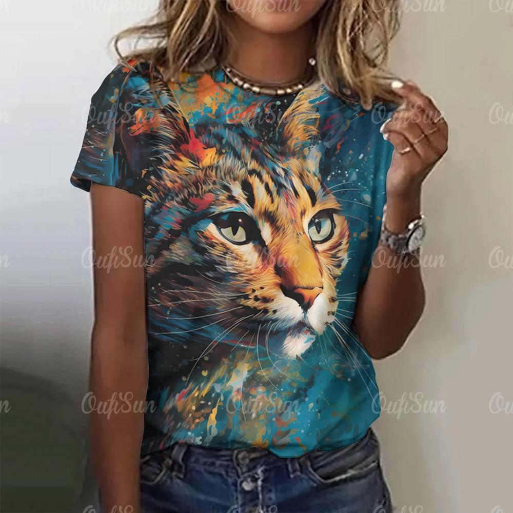 Summer Round Neck 3D Cat Printed Top Fashionable Casual Short Sleeved Women's T-shirts