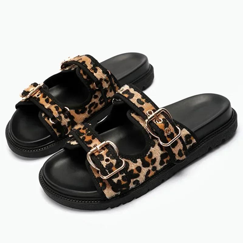 Leopard Metal Buckle Design Women Slippers Sexy Comfort Non Slip Slide Sandals 2025 Summer Platform Flip Flops