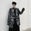 Le Sucood Monochrome Mosaic Japanese Style Shirt Long Long Shirt Loose Casual Japanese Long Street Mode Harajuku Blue Letter Style Cardigan, Shirt,