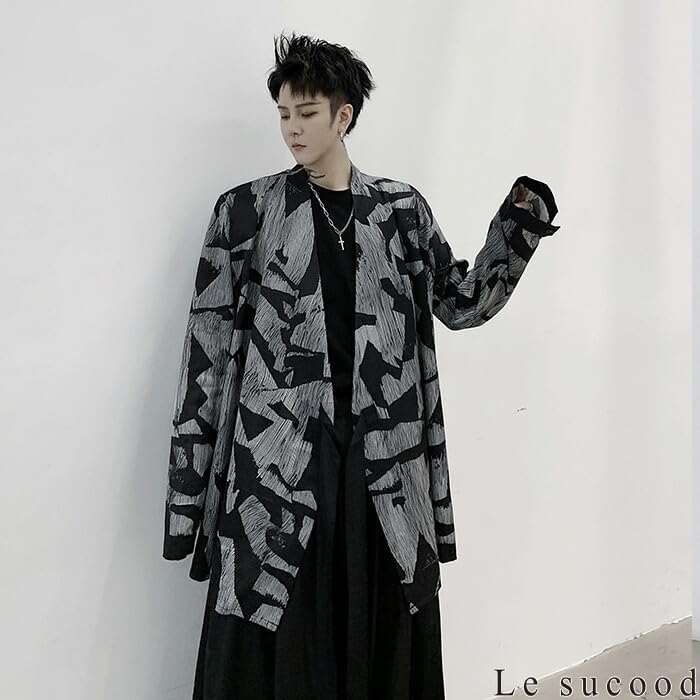 Le Sucood Monochrome Mosaic Japanese Style Shirt Long Long Shirt Loose Casual Japanese Long Street Mode Harajuku Blue Letter Style Cardigan, Shirt,
