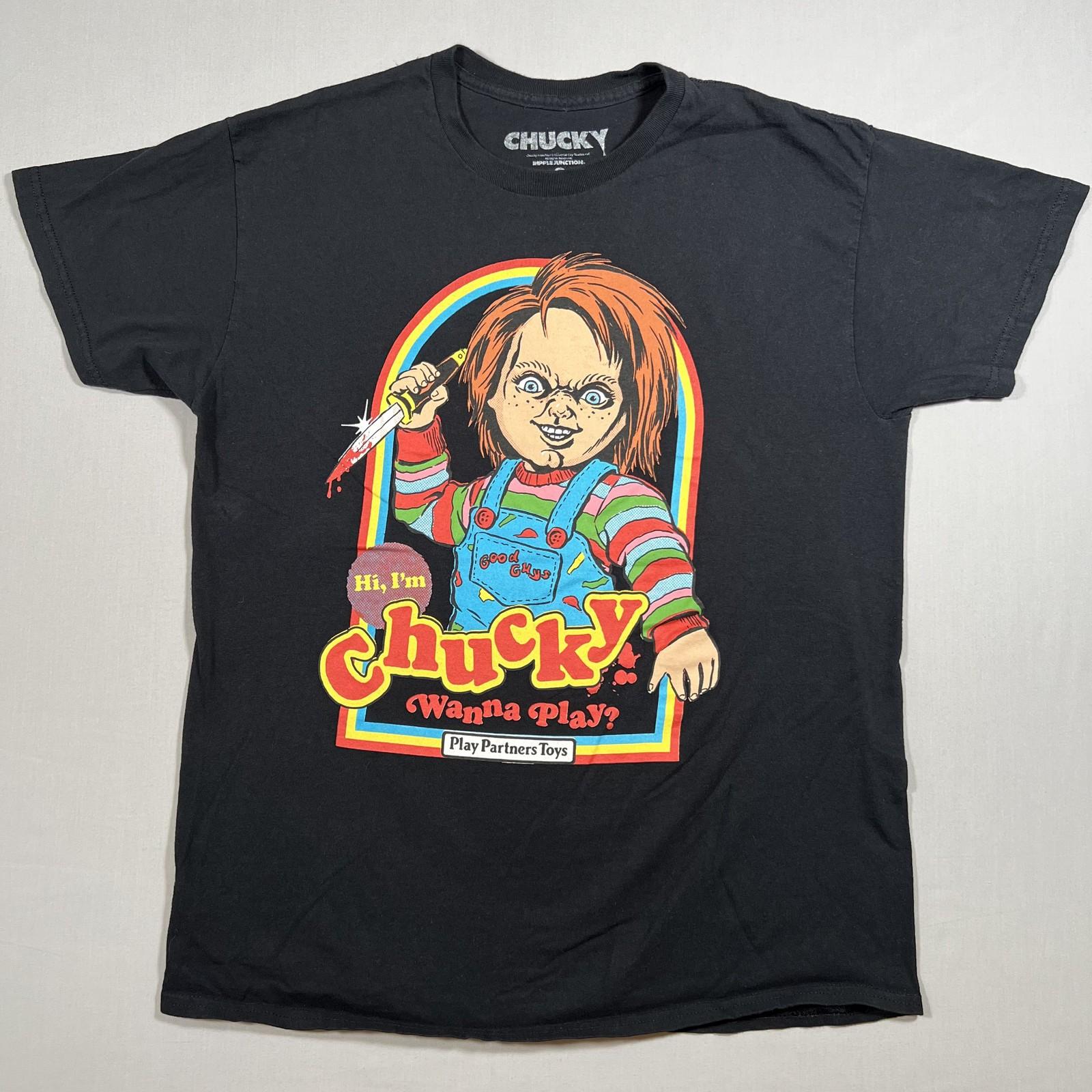 Chucky Good Guys Wanna Play Mens Black T-Shirt Child s Play Horror Movie Graphic Unisex T-Shirt XXL