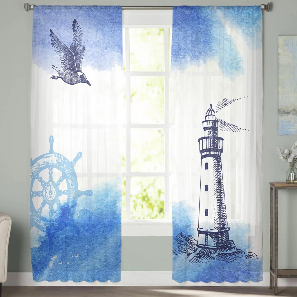 Sheer Watercolour Lighthouse Big Surf Seabird Curtains Living Room Bedroom Decoration Window Voiles Morning Tulle Curtain Polyester Washable Great