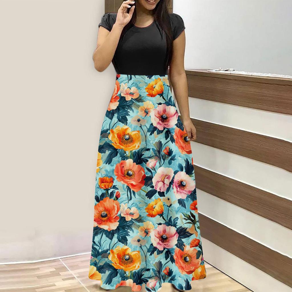 Damenmode Lässig Locker Bedruckt Rundhals Kurzarm Lange Kleider Kurzarm Lange Kleider