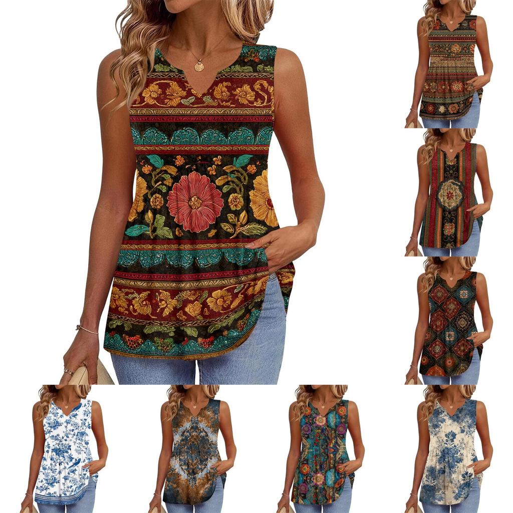 Women Sleeveless V Neck Floral Print Loose Casual Tunic Top Lightweight Summer Blouse with Pockets