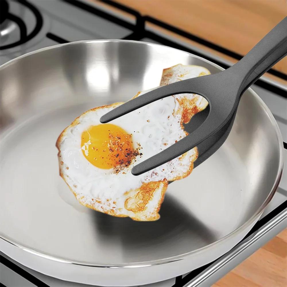 Multi-Functional 2 In 1 Egg Spatula Tongs - Nylon Grip Flip Clamp Steak Pancake Fried Turners Kitchen Cooking Tools Accessories
