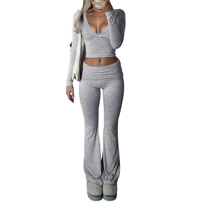 Autumn Women Deep V Neck Flared Pants Sport Casual Set For Women