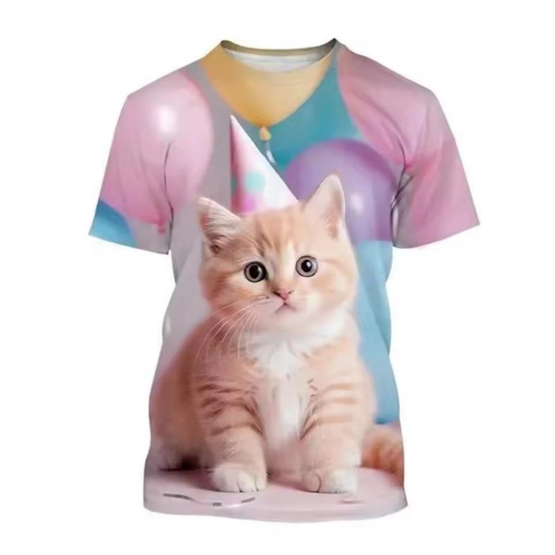 Fashion Korean Kids Clothes Cute Cat Print Tees Children's T-Shirt Girls Summer Clothes Kawaii Crew Neck Junior Girls' Clothing