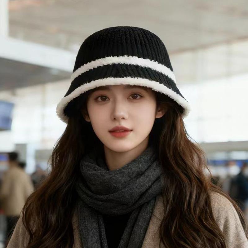 Versatile Basin Hat Korean Face Small Bucket Hat Plain Striped Knitted Bucket Hat Tide
