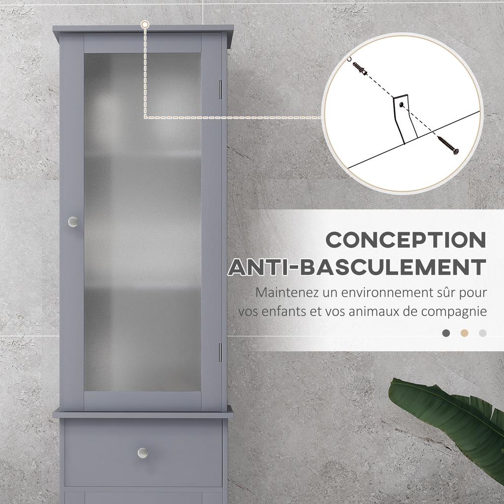 Mobiletto da Bagno con Ripiano a 3 Piani, Cassetto, Ante, Mobile Basso Autoportante Alto Sottile Organizzatore Laterale, Grigio