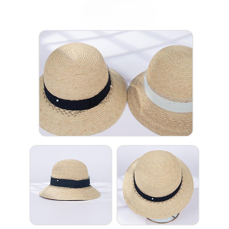 New Summer Rafia Fisherman Hat Pearl Mesh Webbing Beach Vacation Sun Protection Sunbath Hat