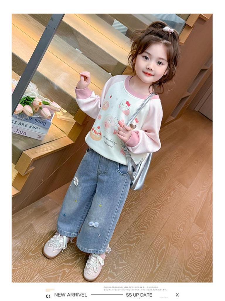Bestickte Stern & Schleife Weitbeinige Jeans für Mädchen - Koreanischer Stil, Frühling/Herbst