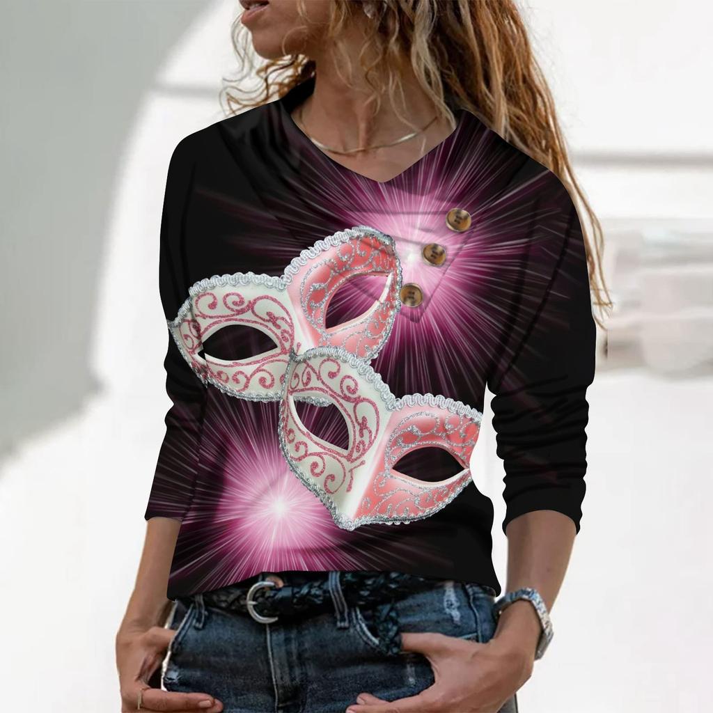 Women's Casual Button V-Neck Long Sleeved Shirt With Printed Fashion T-Shirt