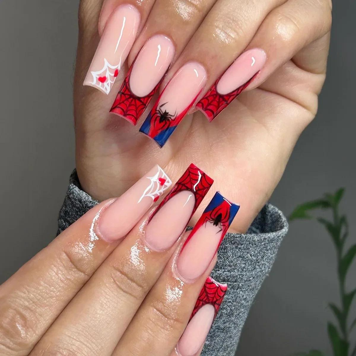 

24pcs Halloween Spider Fake Nail Patch Printed French Coffin Ballet Fake Nail Wearable Full Cover Artificial Nail Tips for Girls
