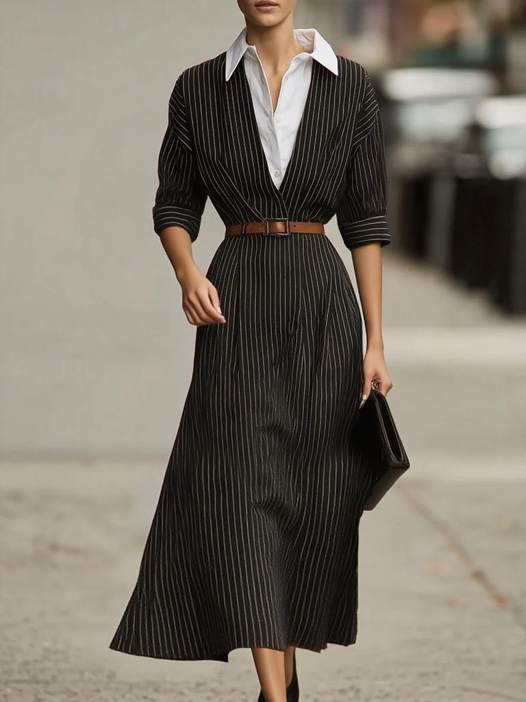 European & American Women's Retro Striped Shirt Dress, Autumn Collection - Loose Fit with Waist-Cinching, Color-Block, Shirt Collar Design
