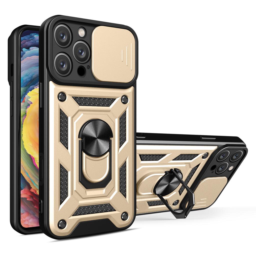 For iPhone 16 Pro Case with Slide Camera Lid PC+TPU Kickstand Phone Cover