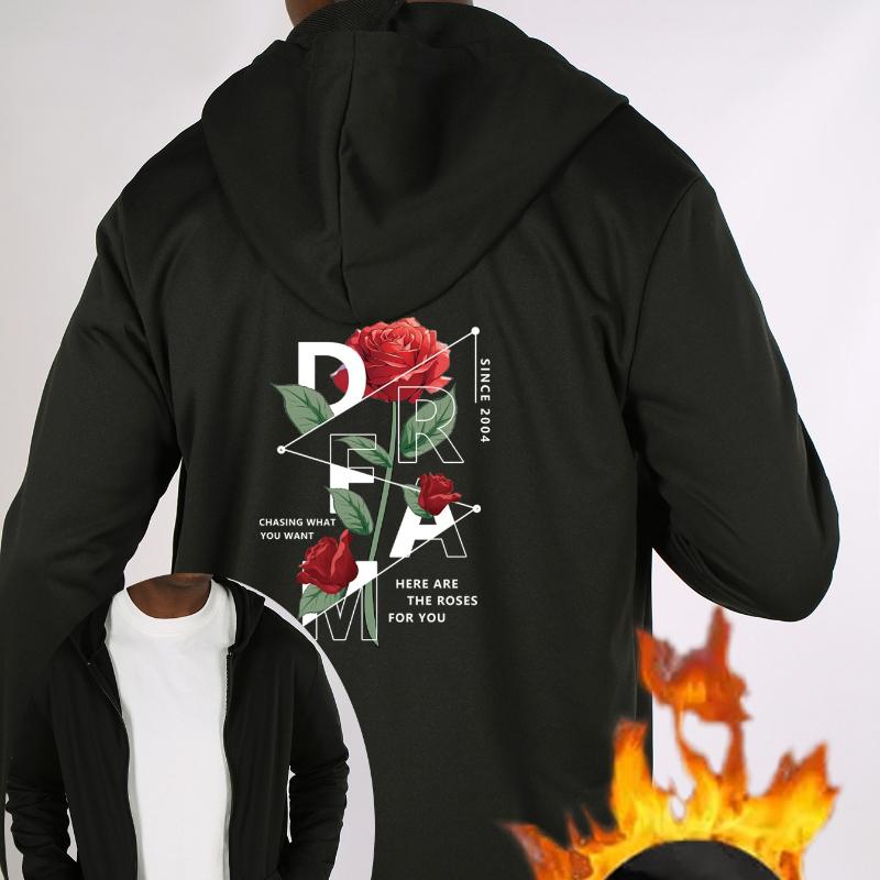 Rose Graphic Fleece-Lined Hooded Zip-Up Jacket, Windproof Durable Warm, Casual Versatile Coat