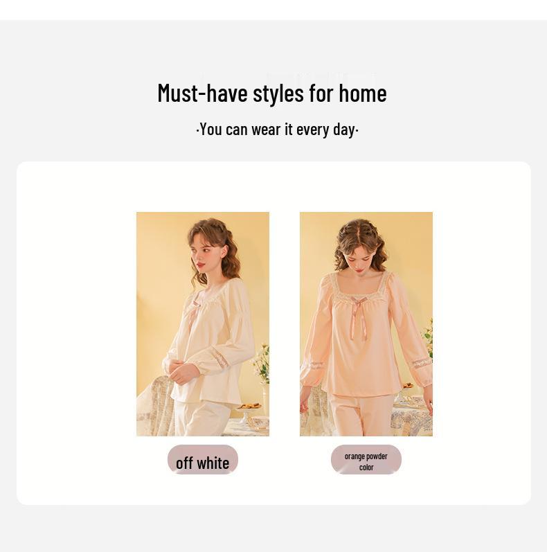 Women's Embroidered Lace Cotton Pajamas - Long Sleeve French Court Style for Spring and Autumn