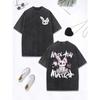 Cartoon Rabbit Match Graffiti Text Prints Washed T-Shirt Women Cotton Oversize Tops O-Neck Distressed T Shirt Clothes