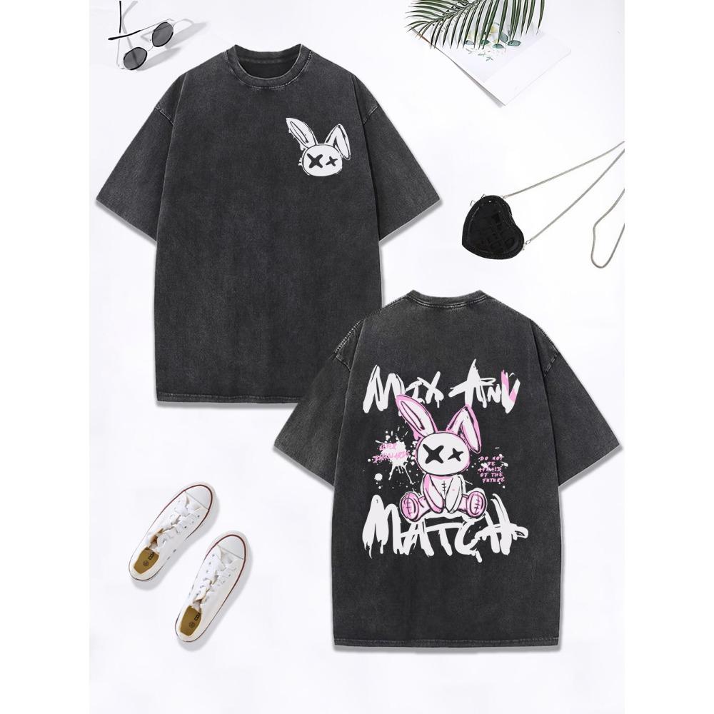 Cartoon Rabbit Match Graffiti Text Prints Washed T-Shirt Women Cotton Oversize Tops O-Neck Distressed T Shirt Clothes