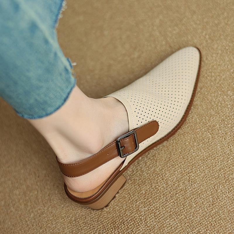 Fashion 2024 New Summer Sandals Mules Cover Toe Sandals Pointed Toe Med Heels Sandals for Women Handmade SheepSkin Ladies Shoes