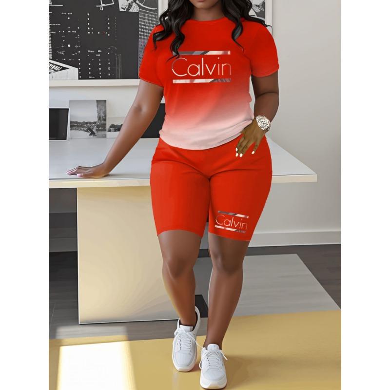Calvin letter element gradient color spring and summer casual two-piece set